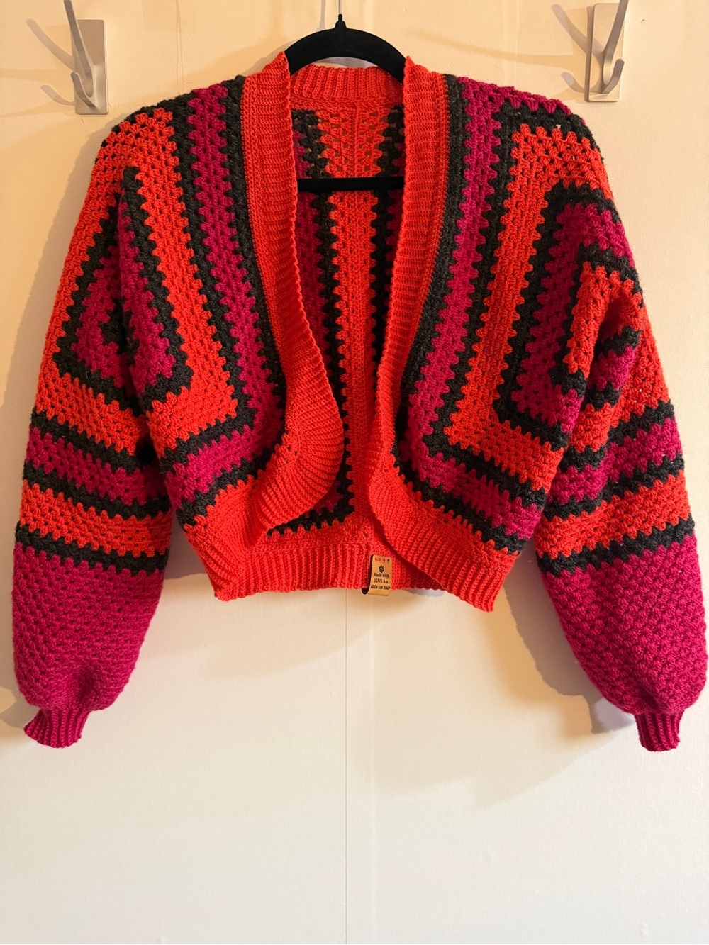 Handmade Crochet Granny Square Cardigan Pink Orange Charcoal Balloon Sleeve
